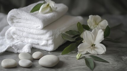 Relaxing aesthetic spa treatment scene with stones, flowers, and white towels, creating a zen atmosphere ideal for calm and meditation. The serene spa treatment embodies tranquility.