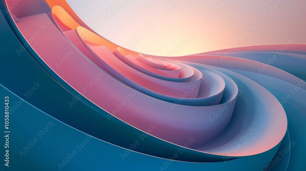 Poster a digital abstract design featuring soft, flowing curves forming a spiral pattern, blending harmonio