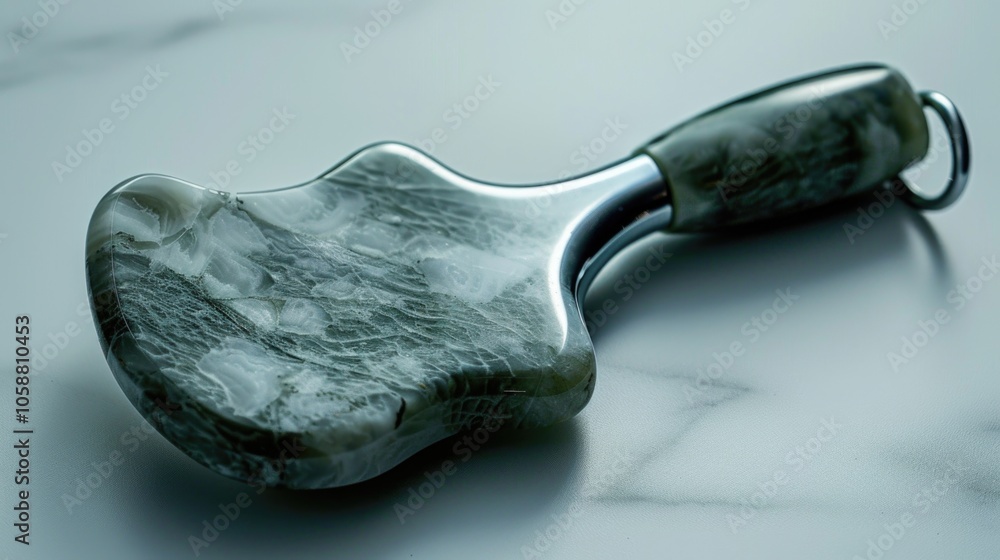 Poster a knife with a marble handle placed on a table, great for decorative or themed settings