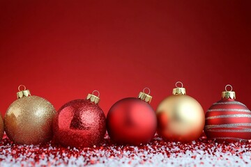 Christmas ornaments on red background