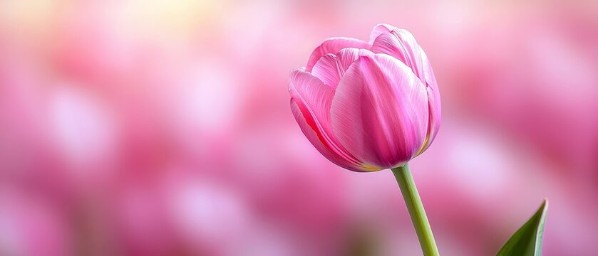  A solitary pink tulip against a blurred backdrop of pink tulps  in the foreground