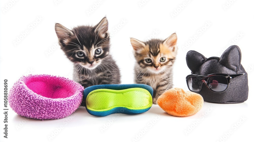 Poster playful kittens exploring colorful toys in a cozy setting generative ai