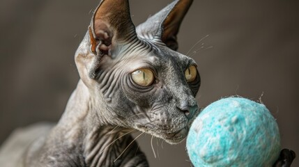Obraz premium A hairless Sphynx cat with large ears and expressive eyes carefully examines a blue fluffy ball, showcasing its unique features in a moment of inquisitive interaction.