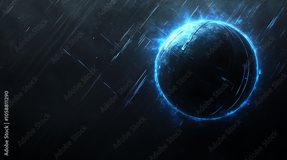 Poster dark blue planet with glowing ring subtle blur background with space for custom text