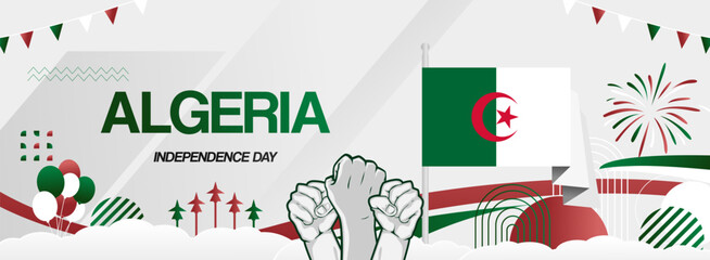 Fototapeta premium Algeria independence day festive banner. Vibrant modern templates for holiday celebration, greeting card, billboard, and sport event backdrops. July 5th. Happy national day of Algeria