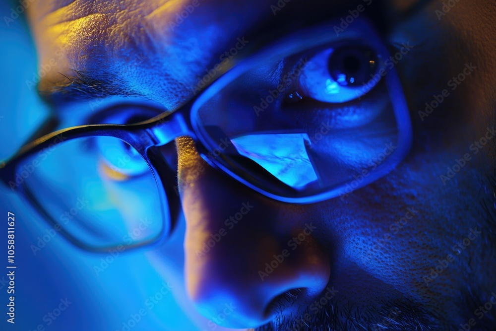 Poster a close-up photo of a person wearing glasses, great for use in editorial or commercial contexts wher
