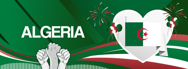 Algeria independence day festive banner. Vibrant modern templates for holiday celebration, greeting card, billboard, and sport event backdrops. July 5th. Happy national day of Algeria