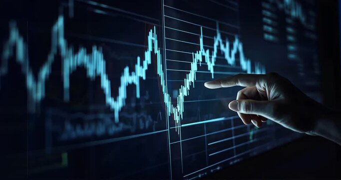 Hand pointing at stock market chart on electronic screen with financial data and graphs in dark blue tones, representing algorithmic trading, stock analysis, digital trading