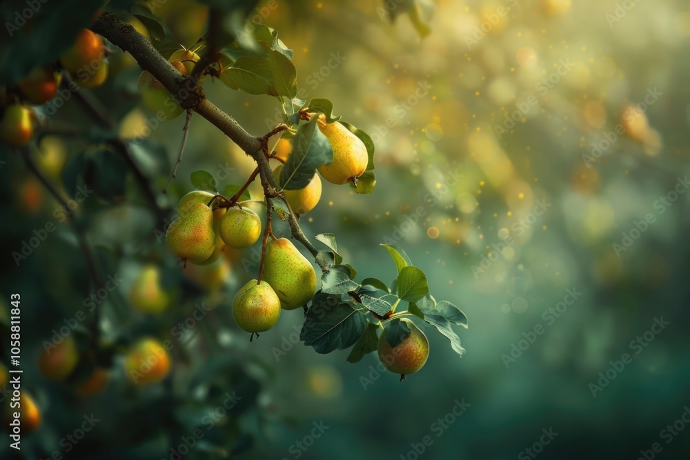 Poster close-up view of various fruits on a tree branch, ripe and ready to eat