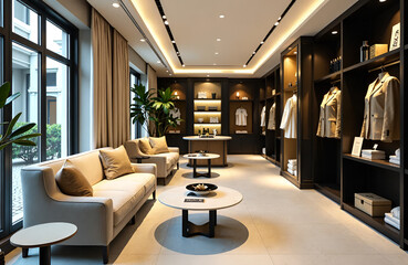 Sophisticated walk-in closet interior with premium finishes and warm lighting