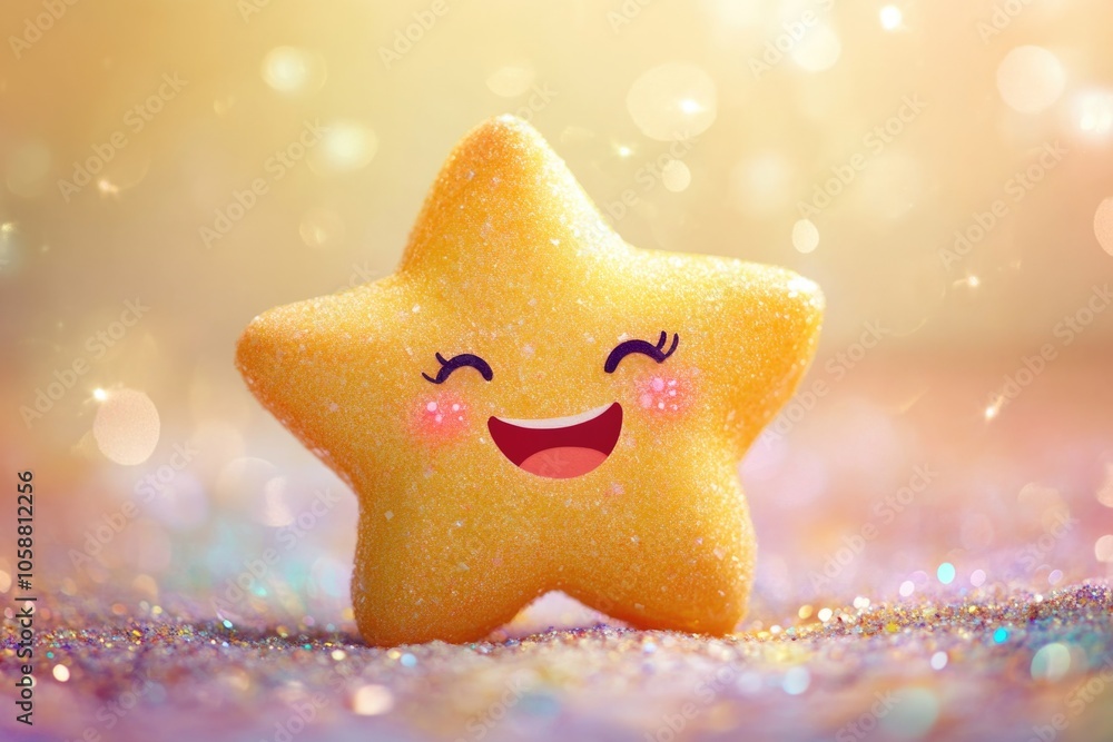Poster A bright and cheerful image featuring a smiling star on a glittery background, perfect for adding a pop of color to any project