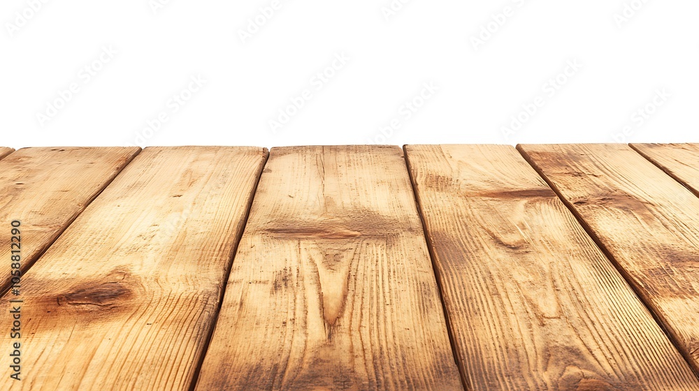 Poster wooden table top isolated on white background clean blank canvas with empty space for designs