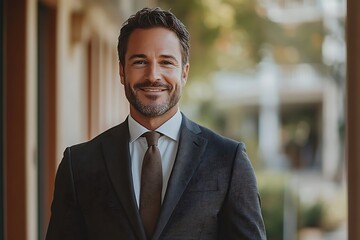 Naklejka premium Smiling Businessman in Suit and Brown Tie Standing by Window
