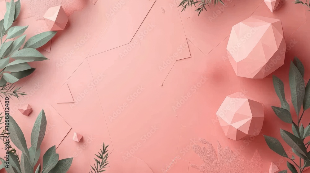 Poster minimalist pastel pink background featuring a central text space surrounded by abstract polygons and