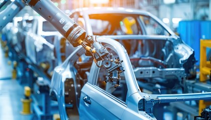 Robotic Arm Assembling a Car Body in an Automotive Factory