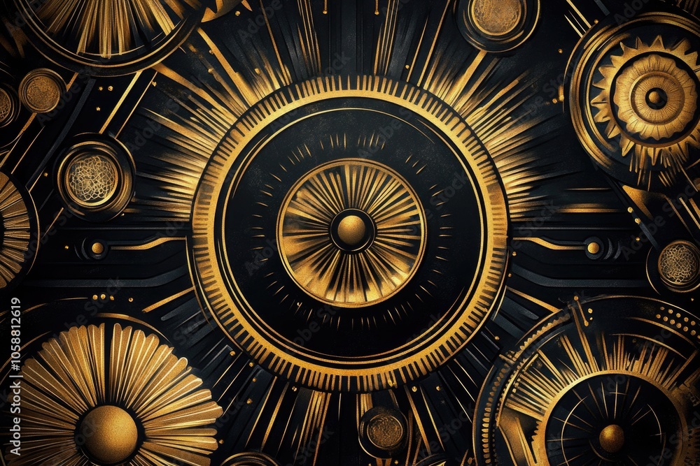 Poster a modern black and gold wallpaper featuring a large clock as the main design element