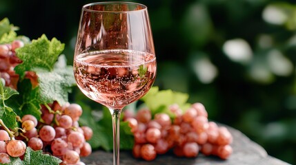 Glass of Sparkling Rose Wine with Grapes and Vines