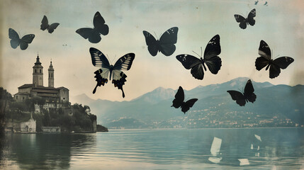 collage-style photo of butterflies flying over the lake in the hills