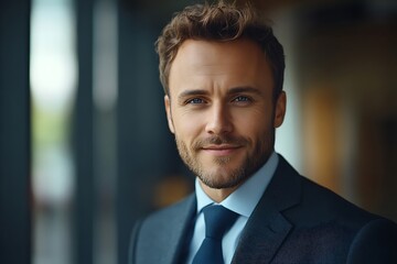 Fototapeta premium Smiling Businessman in Suit and Tie Portrait - Natural Light Studio Setting.