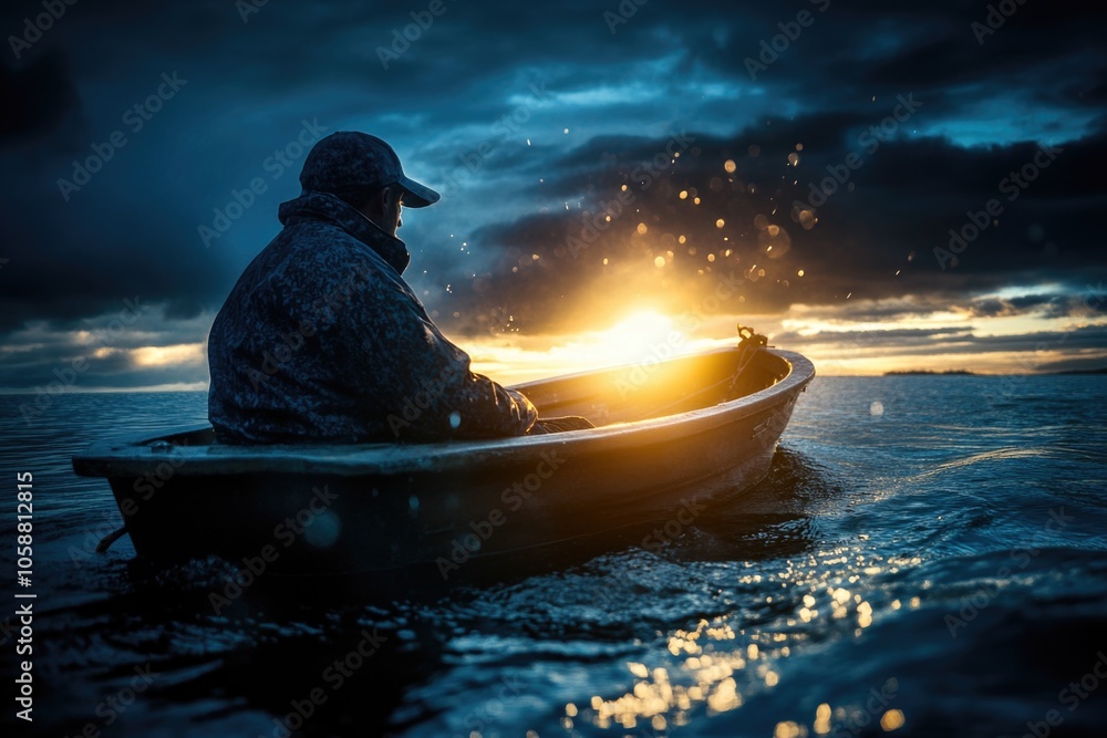 Poster a person sitting in a small boat on the water, great for use as a symbol of calmness or solitude