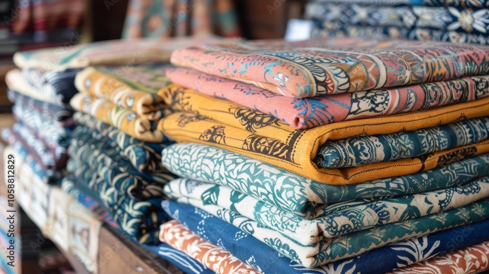 Poster a stack of folded textiles, each exhibiting an array of intricate patterns and assorted colors, refl