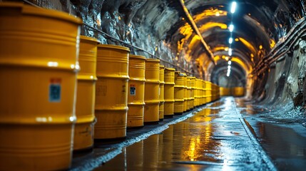 Fototapeta premium Yellow barrels in a dimly lit tunnel symbolize nuclear waste storage challenges
