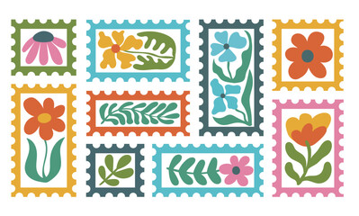 Set of post card stamp sticker set with groovy abstract bloom flower in trendy naive retro hippie 60s 70s style. Floral Nature-inspired Mail Mark