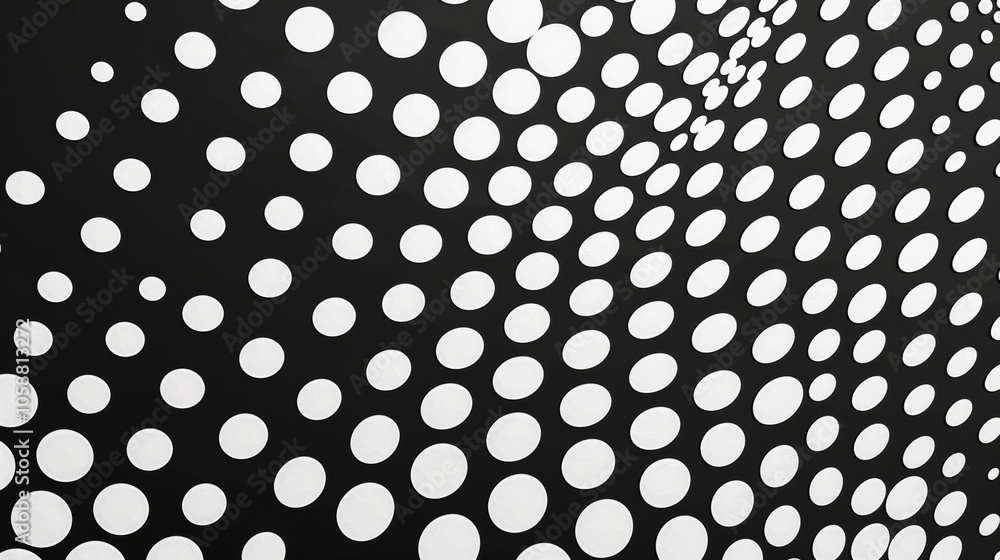 Poster a visually striking abstract pattern with dynamic white circles on a black background, creating an i