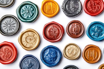 A collection of wax seals on a white surface, ideal for use in historical or vintage-themed designs