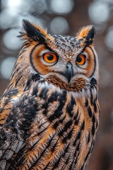 Fototapeta premium A close-up view of an owl's face with bright orange eyes