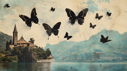 collage-style photo of butterflies flying over the lake in the hills