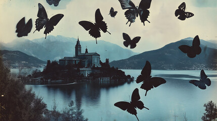 collage-style photo of butterflies flying over the lake in the hills
