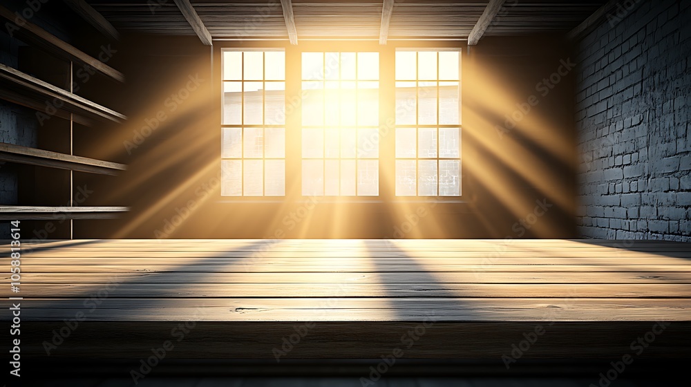 Poster sunlight through windows in empty room plain textured background for web design and copy