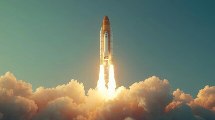 Fototapeta premium This 3D rendering of a white and orange rocket mid-launch captures the excitement of space exploration with its dynamic flames and smoke, ideal for startup and innovation themes