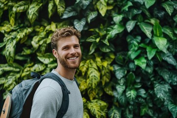 A happy traveler carrying a backpack smiles at the camera