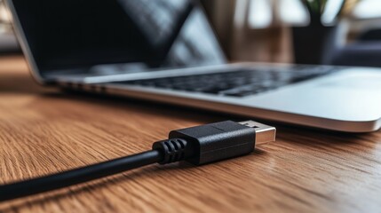 A top-down view of a USB cable resting on a desk, with a laptop nearby. The focus is on the cable's connectors and length.