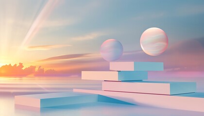 A serene landscape featuring geometric shapes, soft pastel colors, and spherical forms, illuminated by a vibrant sunrise over a tranquil body of water.