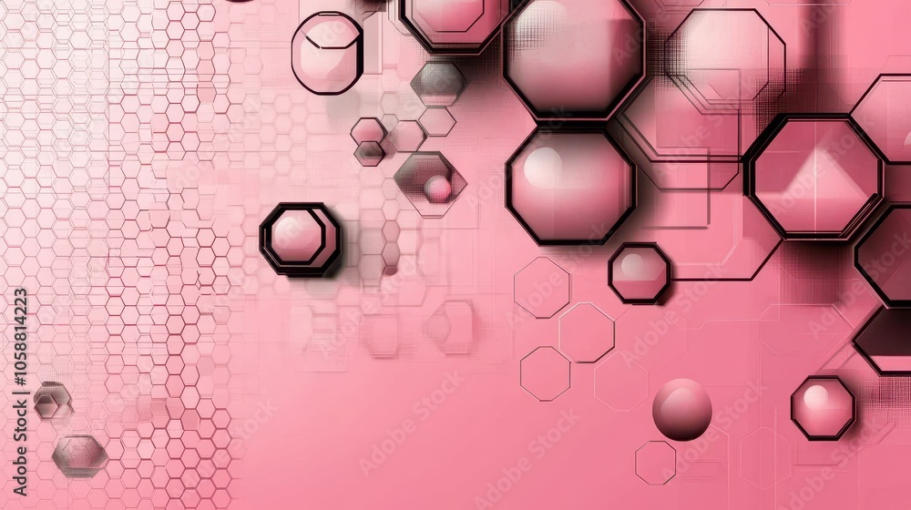 Poster stylish pink background with a subtle ombre effect, bordered by various shapes like hexagons and cir
