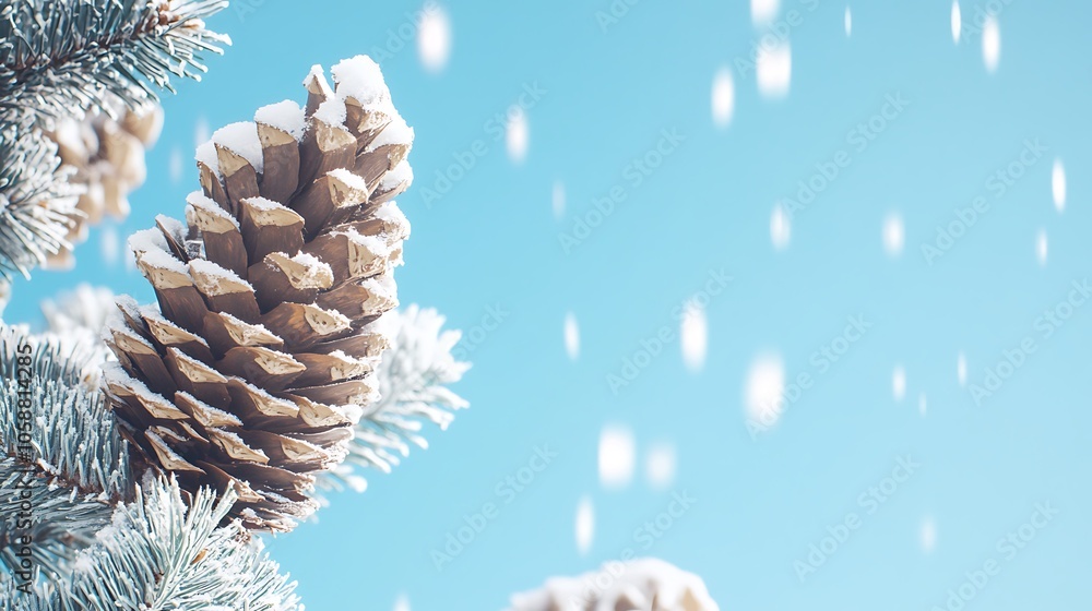 Poster winter pine cone with snow plain textured background for web design and copy