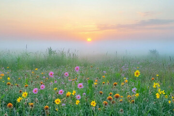 Sunrise over misty meadow filled with vibrant wildflowers