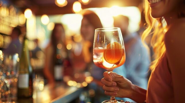 Soft focus on people mingling at the bar drinks in hand.