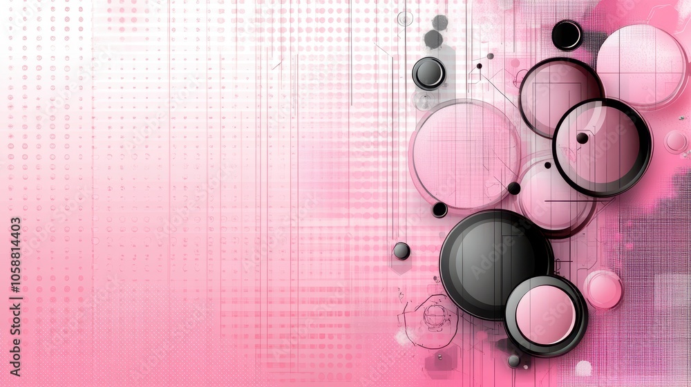 Poster stylish pink background with a subtle ombre effect, bordered by various shapes like hexagons and cir