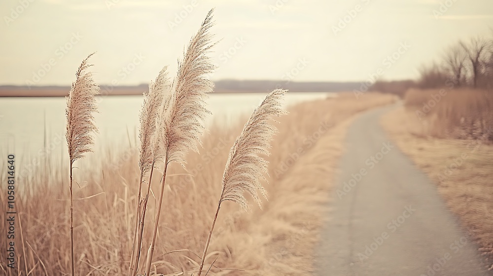 Poster nature path with tall grasses simple neutral background with free space for design