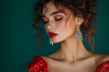 Fototapeta premium Curly woman with closed eyes in a red dress with shiny makeup and Christmas tree earrings on green background with copy space. Concept: New Year, for beauty salon, fashion, Advertising photo