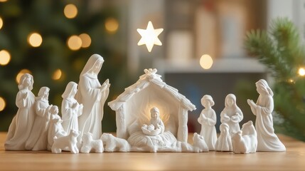 Naklejka premium Christmas nativity scene with detailed figurines and a star above