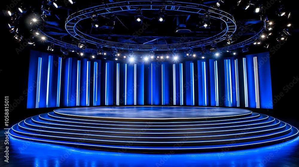 Poster empty stage with blue lights blank background with copy space for design projects