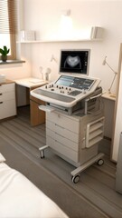 Medical ultrasound machine on rolling cart in modern clinic examination room