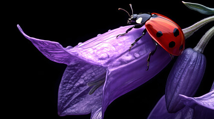 ladybug on a purple bell flower, realistic, close-up, on a black background