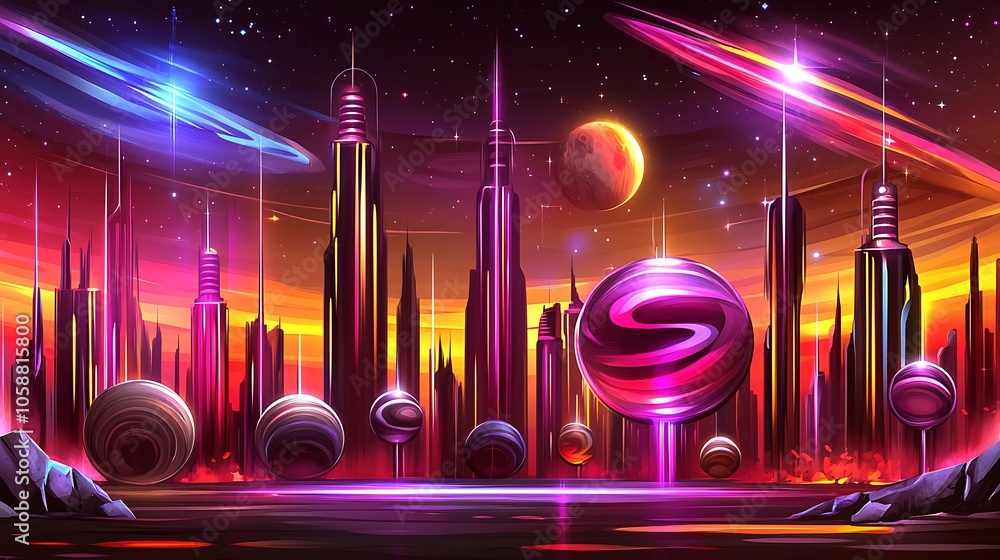 Poster Futuristic Cityscape with Space Elements Light Gradient Background with Room for Typography