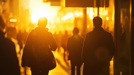 A close-up silhouette of bustling city workers heading home, capturing the essence of urban life, with warm golden light illuminating the scene in the background.